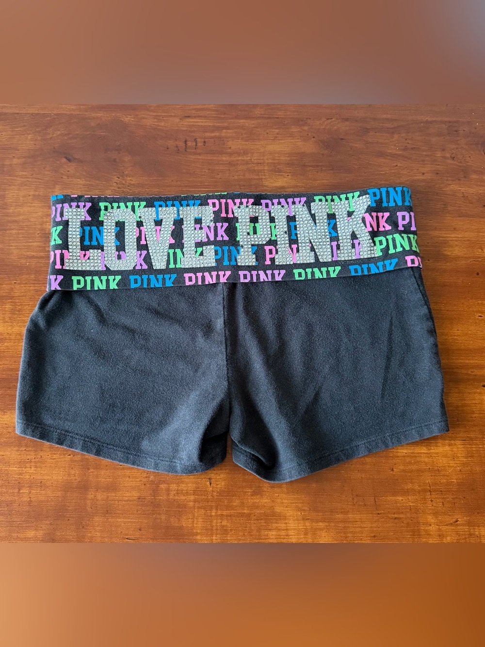 VS Pink Y2K Black Multicolored Logo Bling Foldover Yoga Shorts M